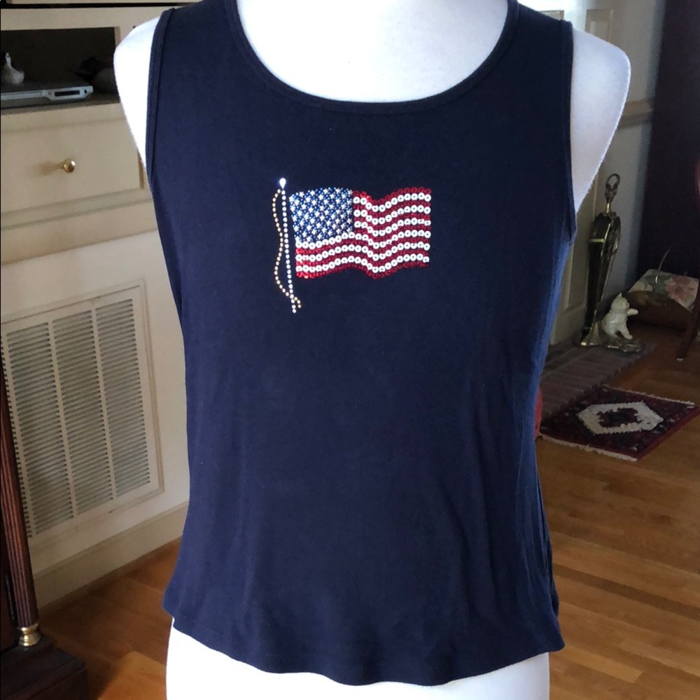 Karen Scott Navy Tank Top with American Flag Rhinestone Accent